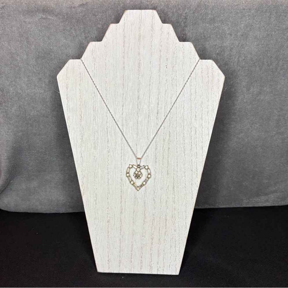 Antique Stanhope Sterling Silver 10.5” Necklace, Rhinestone Heart, Fine Chain